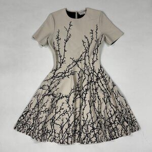Alexander McQueen Ivory Fit-and-Flare Dress with Black Branch Embroidery